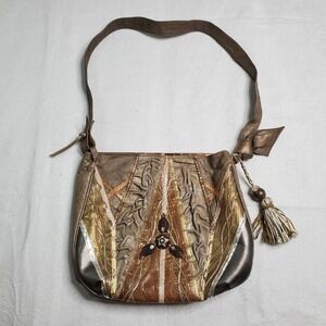 Carlo Fiori of Italy Womens Shoulder Bag Brown Mixed Leather Metallic Tassel